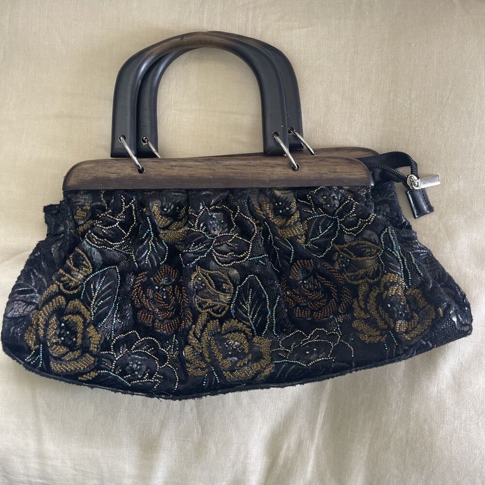 Vintage Unbranded Floral Pattern Beaded Fabric Handbag Satchel Purse Wood Handle